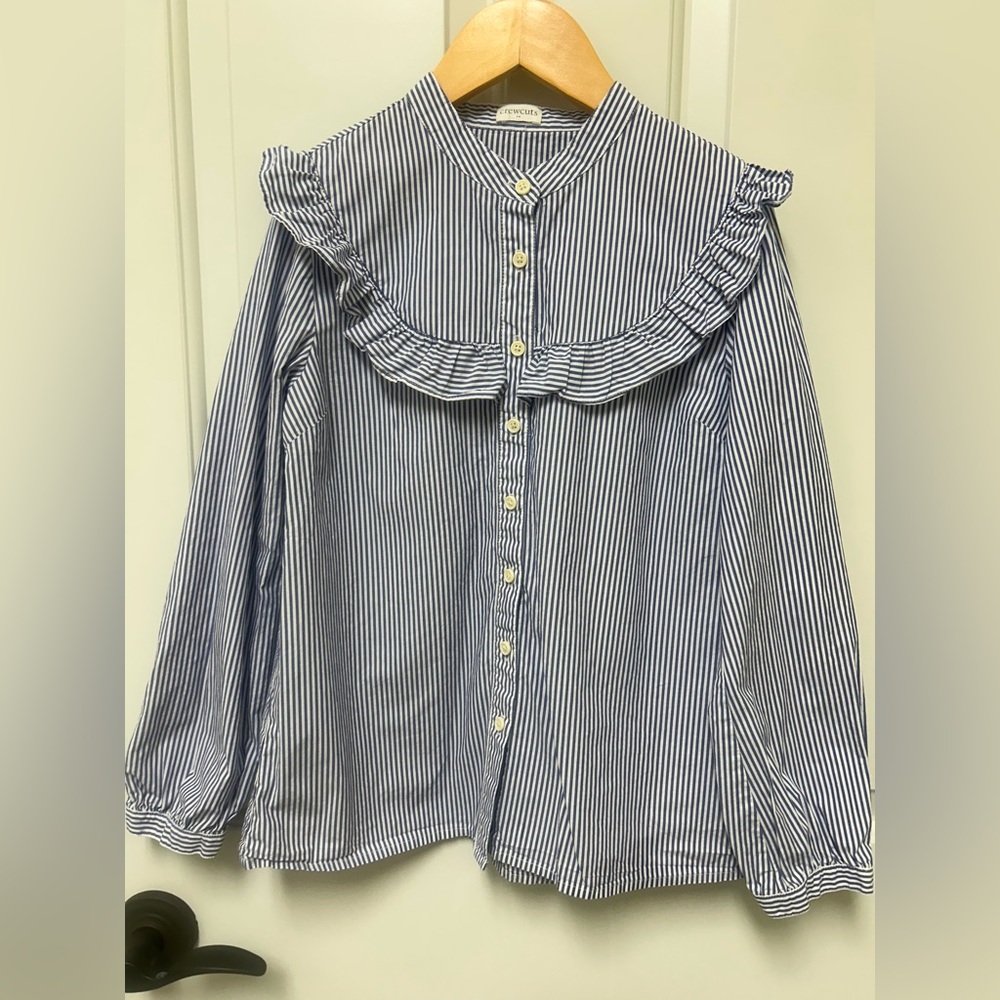 Crewcuts Blue & White Striped Ruffle-Trim Shirt size L